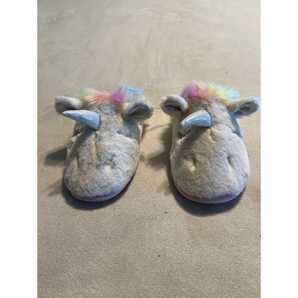 Cat & Jack Shoes - Cat & Jack Unicorn Slippers Off-White Rainbow Faux Fur Silver Horn Size L 4-5